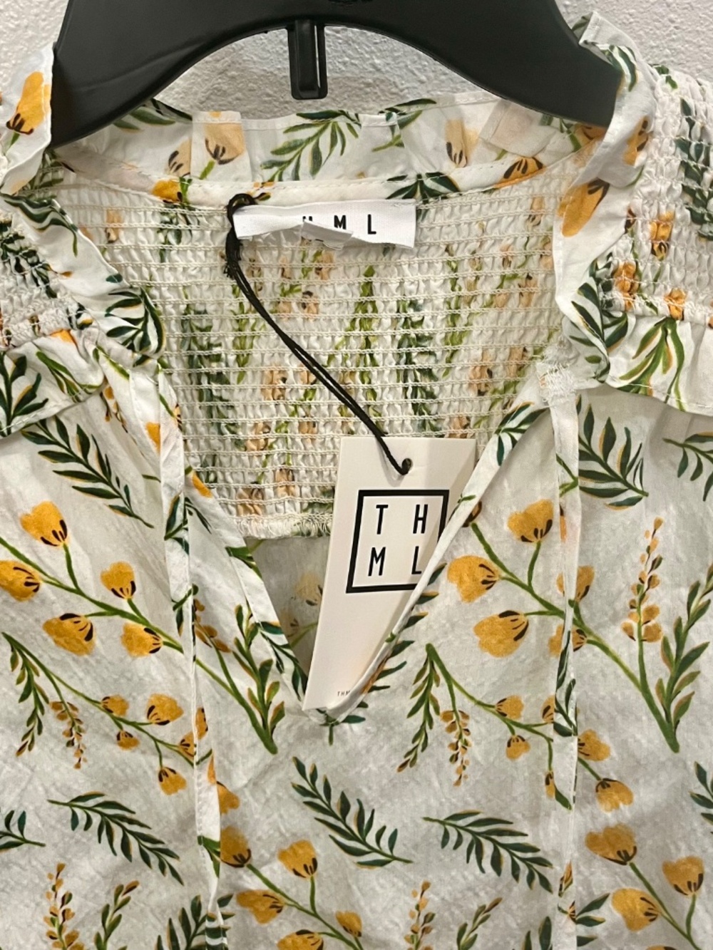 NWT THML Cream Yellow Floral Smocked Puff-Sleeve Blouse with Tassels Size XS - Picture 7 of 9
